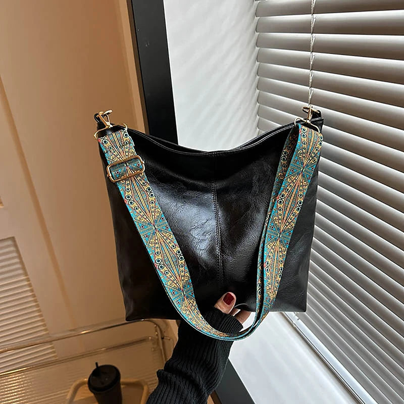Wide Geometric Strap Shoulder Bag Large Capacity Crossbody Bags,Retro