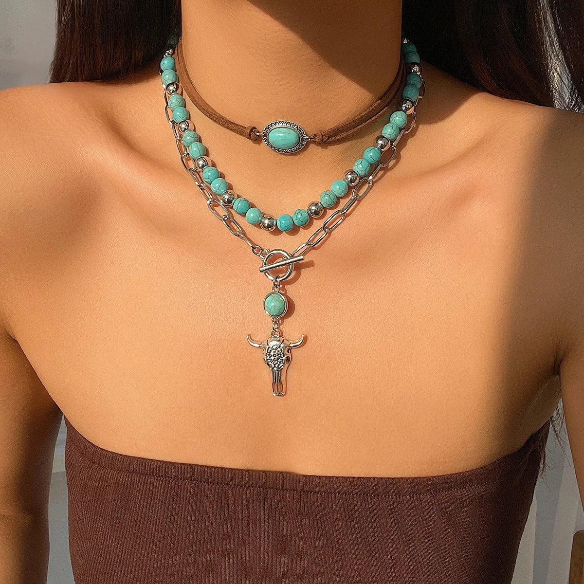 3pcs Set Vintage Ethnic Style Bull Necklace