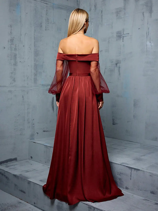 Off-Shoulder Mesh Satin Bridesmaid Gown