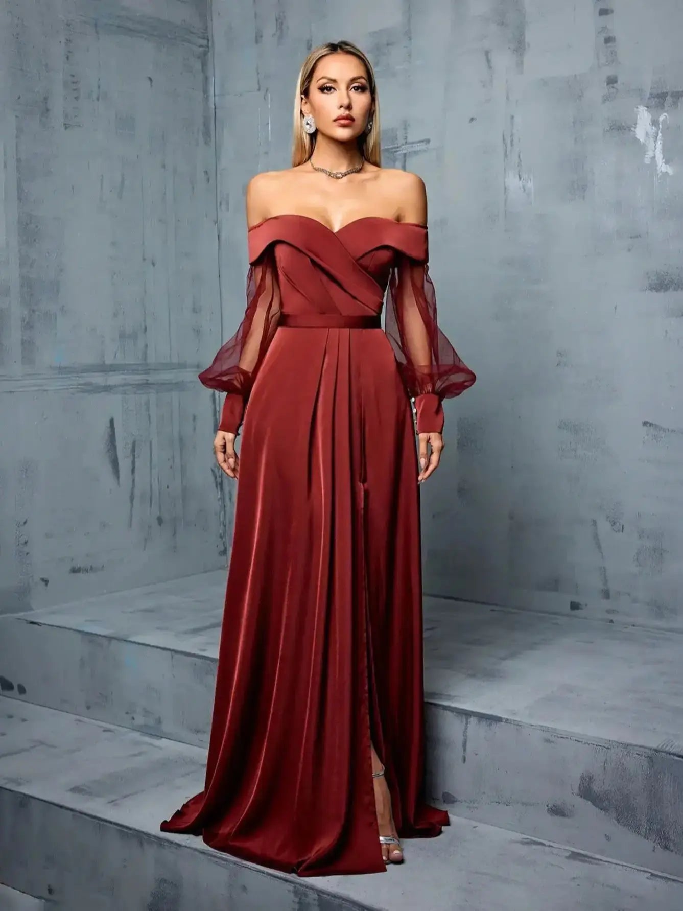 Off-Shoulder Mesh Satin Bridesmaid Gown