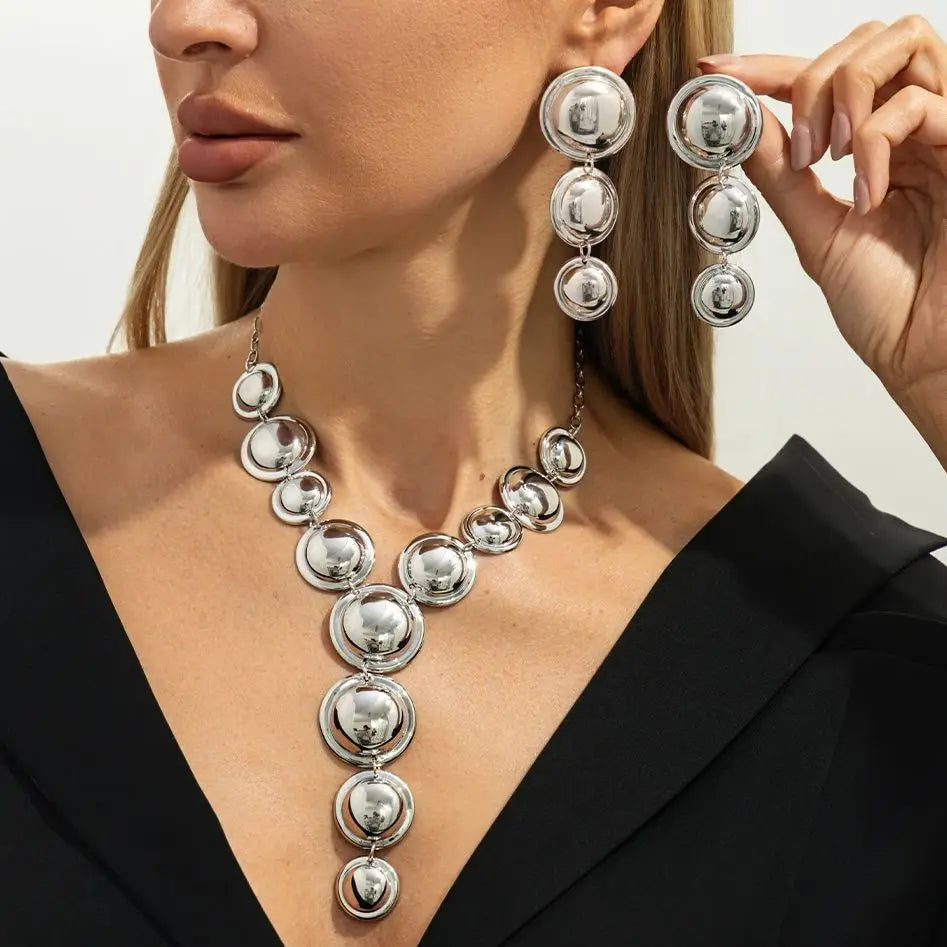 Salircon Women Punk Metal Y-Shaped Chain Jewelry Set Exaggerated Geometric Smooth Circular Spliced Long Necklace And Earrings