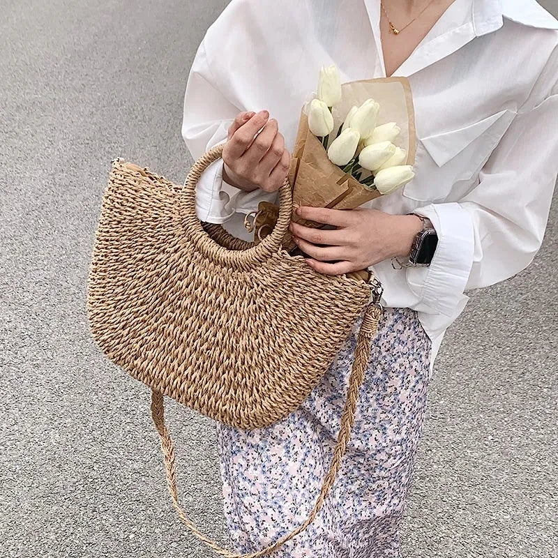 Handwoven Straw Beach Tote Bag
