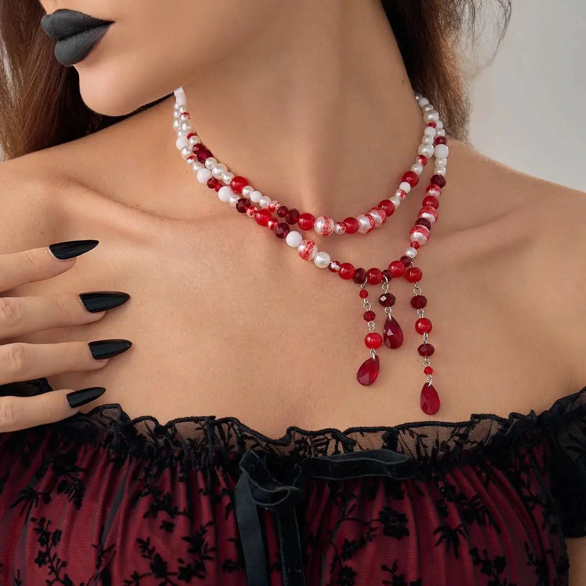 Gothic Red Crystal Tassel Necklace