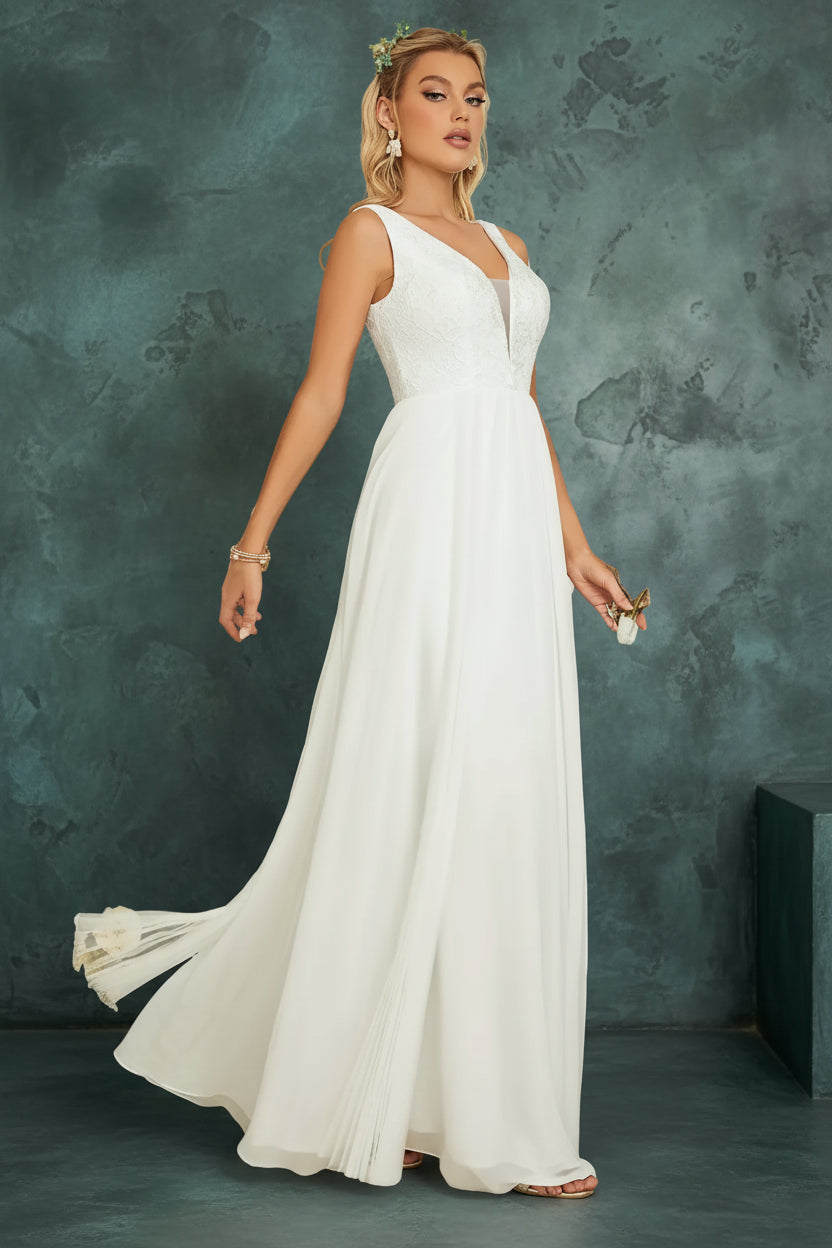 V-Neck Lace Chiffon Wedding Dress