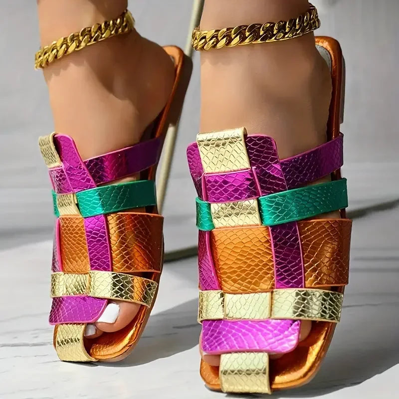 Summer Colorful Sexy Casual Soft Luxurious Square Toe Hollow Roman Flat Shoes