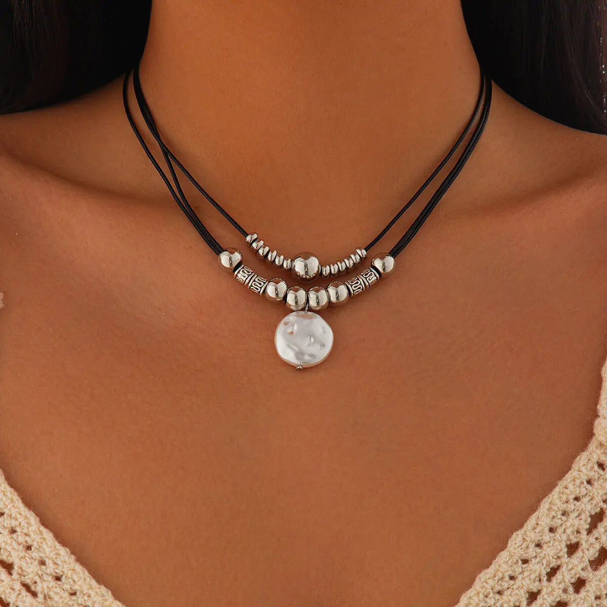 KunJoe Vintage Multilayer Leather Rope Chain Plastic Beads Choker Short Necklace Women Simple Imitation Pearl Pendant Necklace