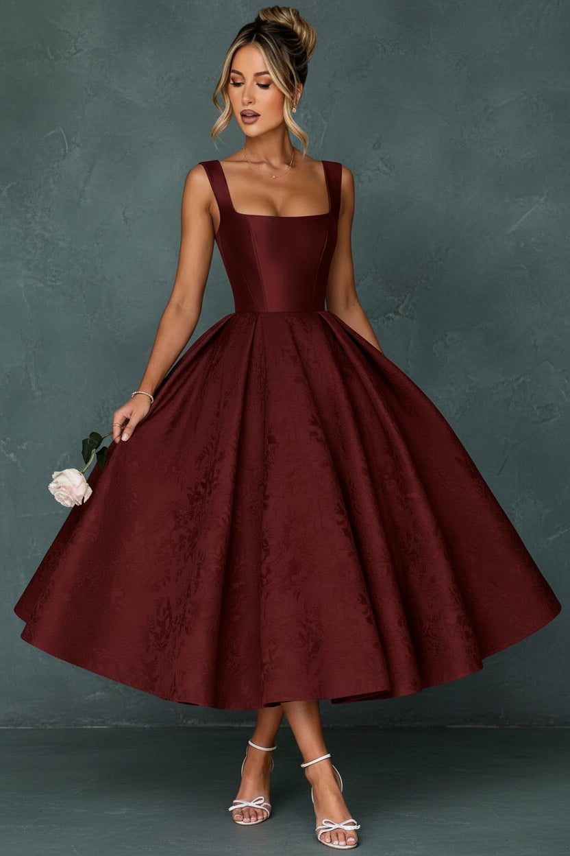 Cap Sleeve Jacquard Prom Dresses for Teens Floral Satin