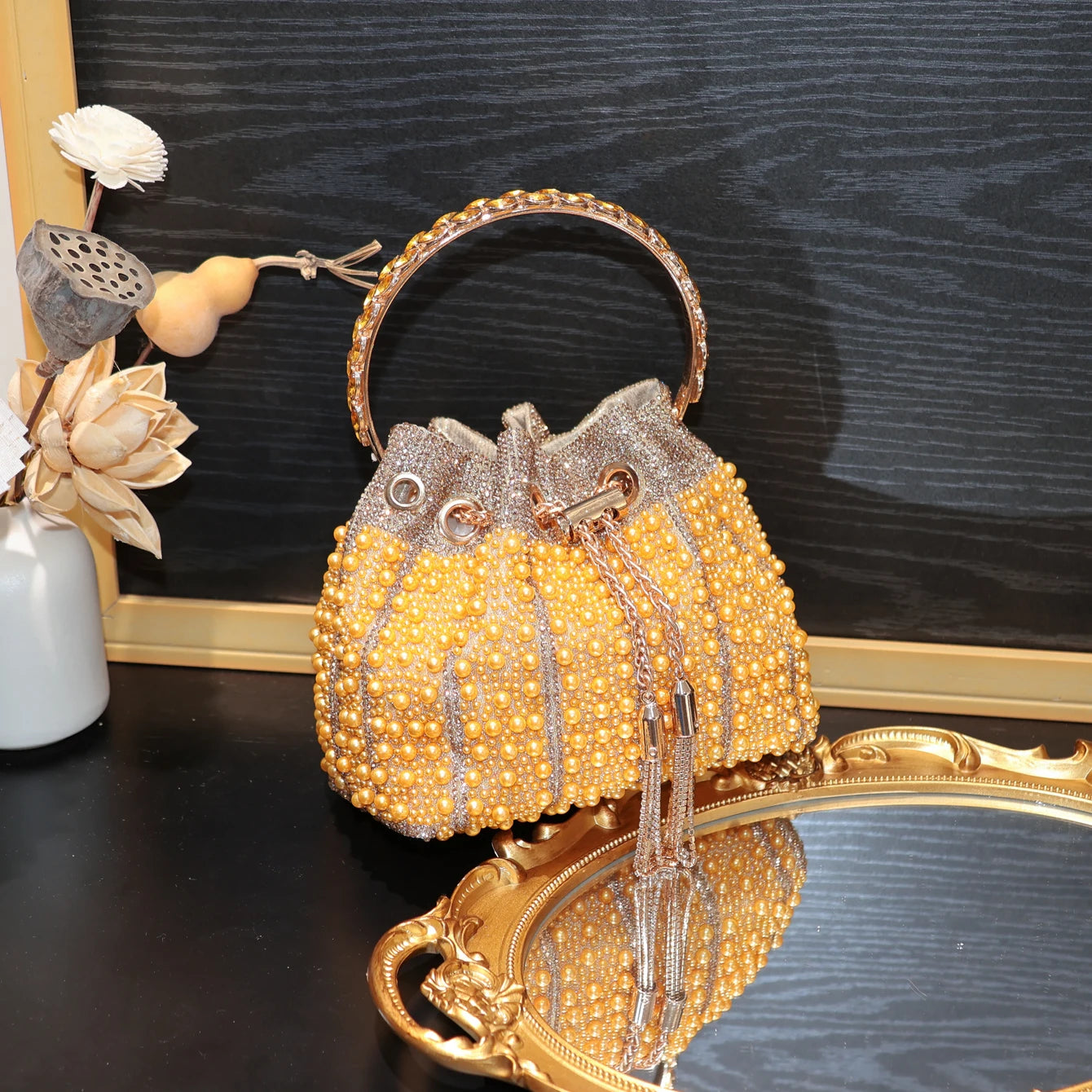Multicolor Rhinestone Pearl Bucket Bag  luxury bags designers Ring Handle Drawstring Handle Evening Clutch For Wedding Party