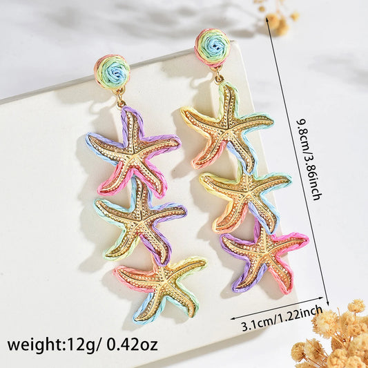 Handmade Rainbow Straw Triple Starfish Earrings Color Block Raffia