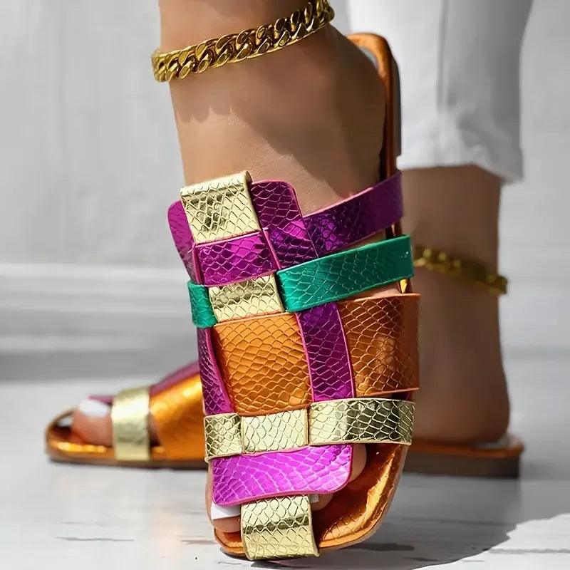 Summer Colorful Sexy Casual Soft Luxurious Square Toe Hollow Roman Flat Shoes