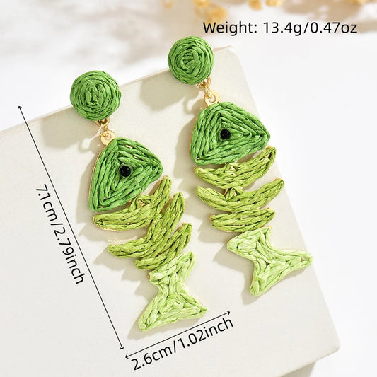 Handmade Straw Woven Fish Earrings Raffia Ball Stud Colorful