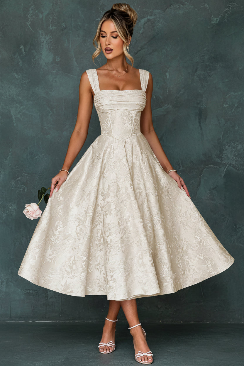 Cap Sleeve Jacquard Prom Dresses for Teens Floral Satin