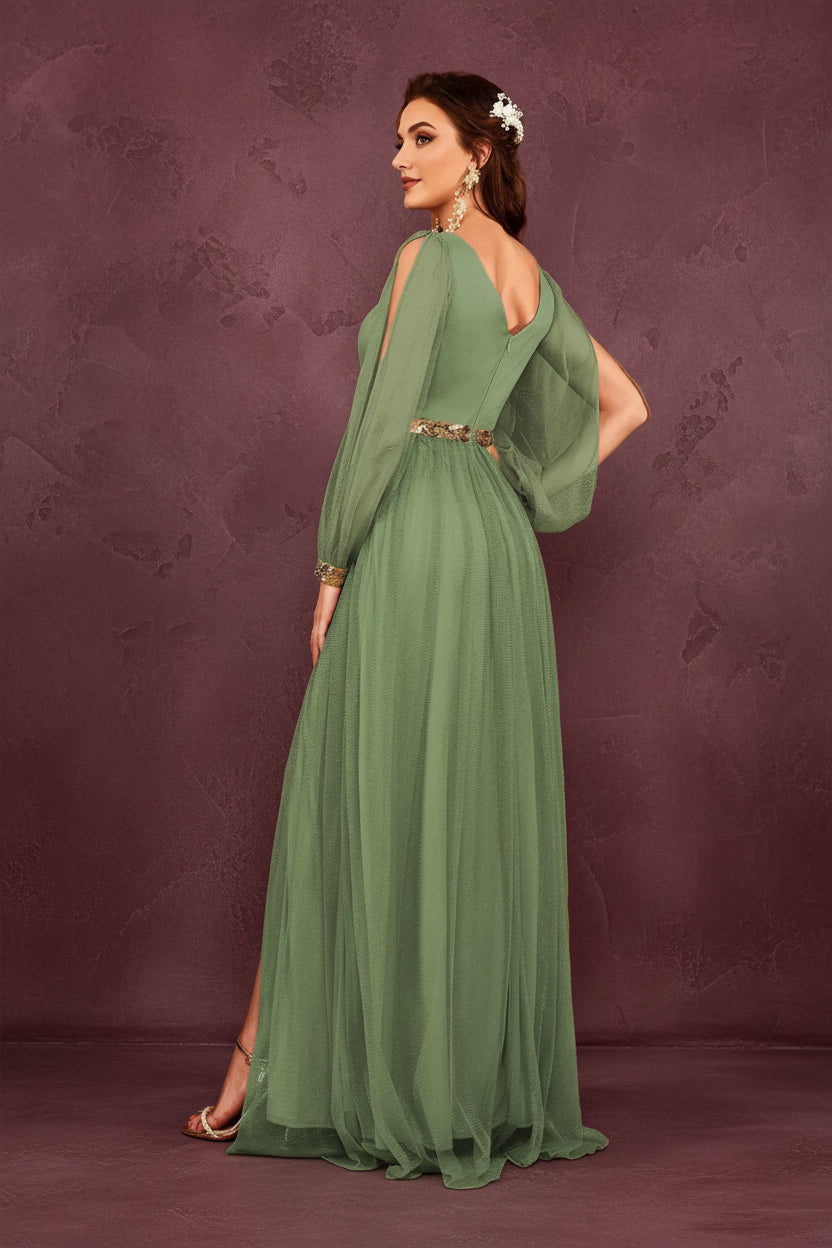 V-Neck Appliqué Slit Evening Gown
