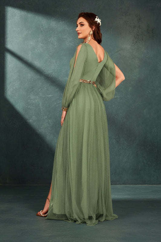 V-Neck Appliqué Slit Evening Gown
