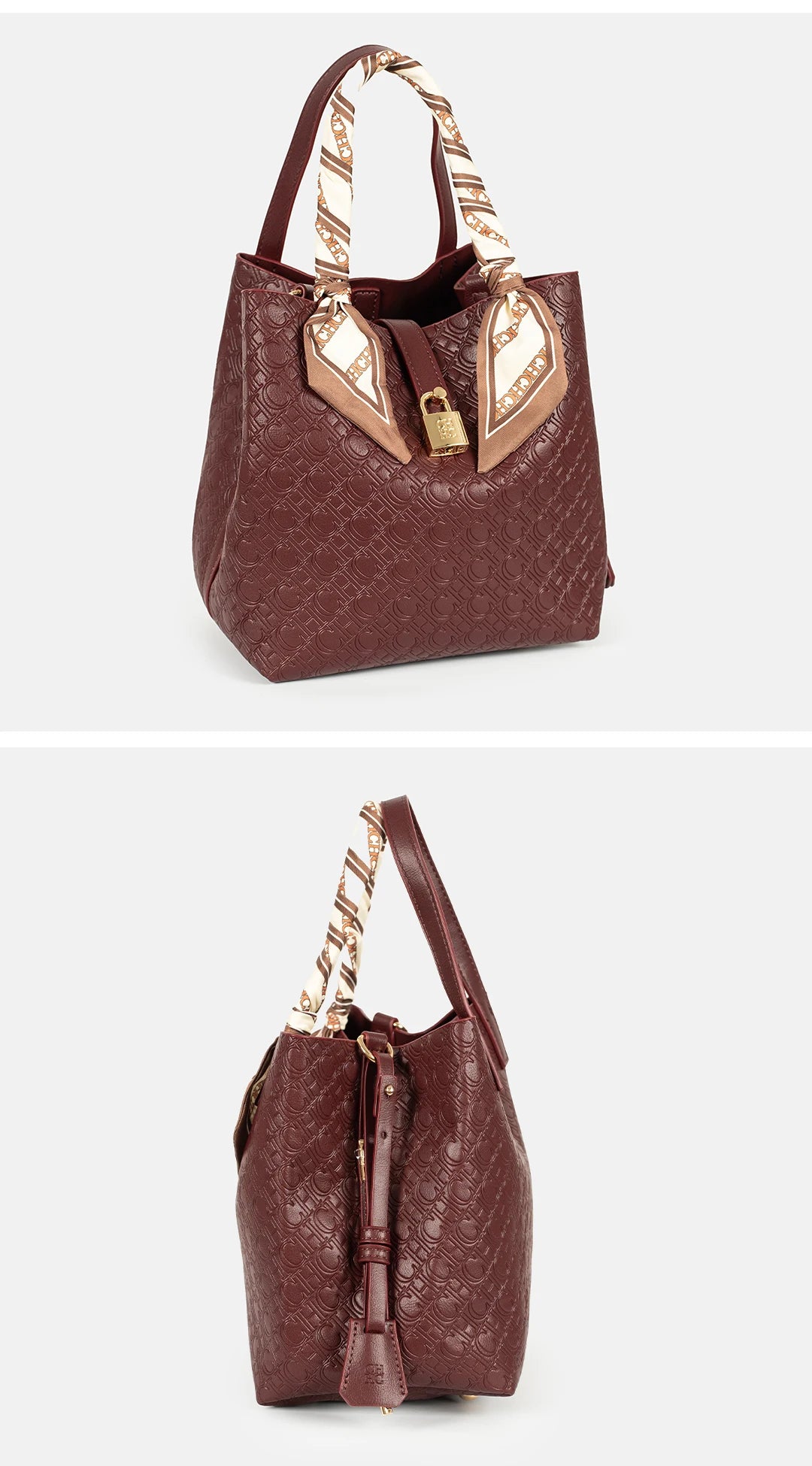 CH Womens Embossed Leather Bucket Bag with Silk Scarf Lock Decor Luxury Designer Handbag Large Capacity Crossbody Tote