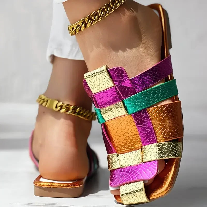 Summer Colorful Sexy Casual Soft Luxurious Square Toe Hollow Roman Flat Shoes