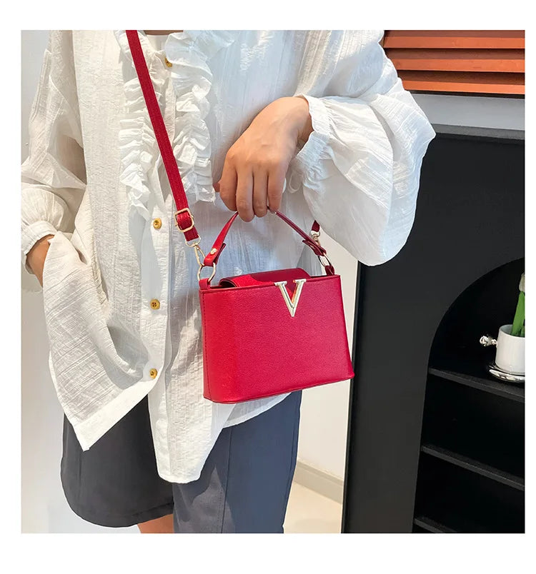 V-Shaped PU Leather Bucket Bag