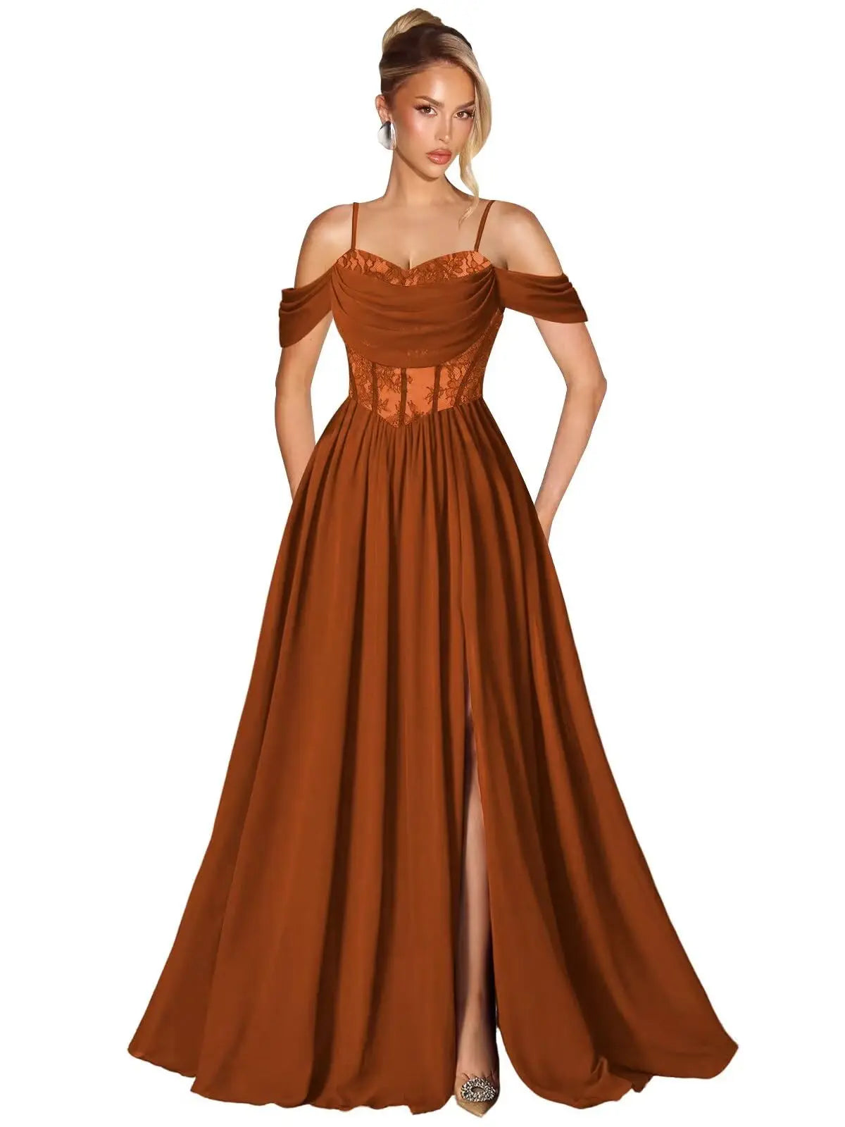 Off Shoulder Lace Applique Prom Dress