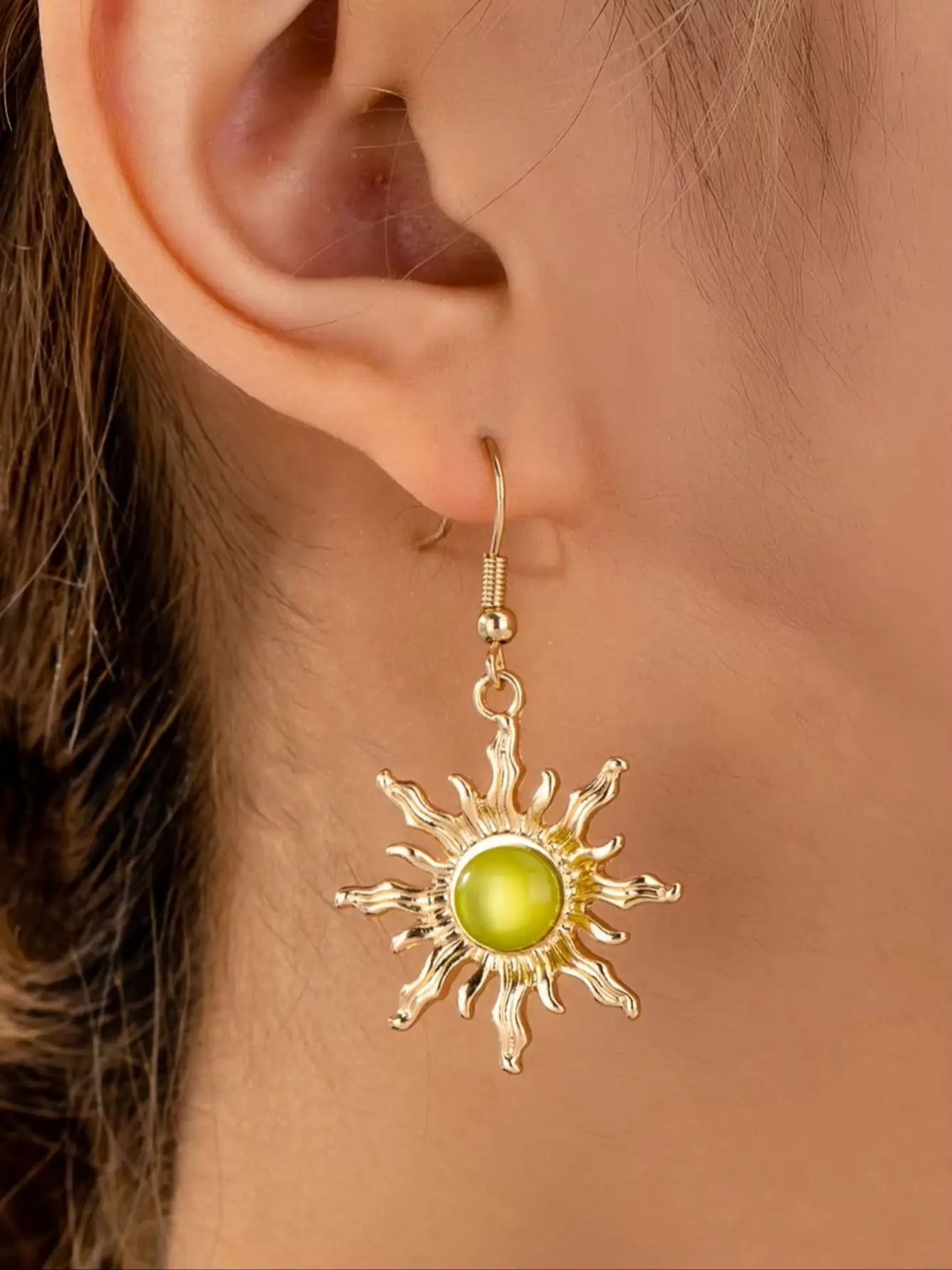 Bohemian Radiant Sun Hook Earrings, Wavy Edge Gold Sun