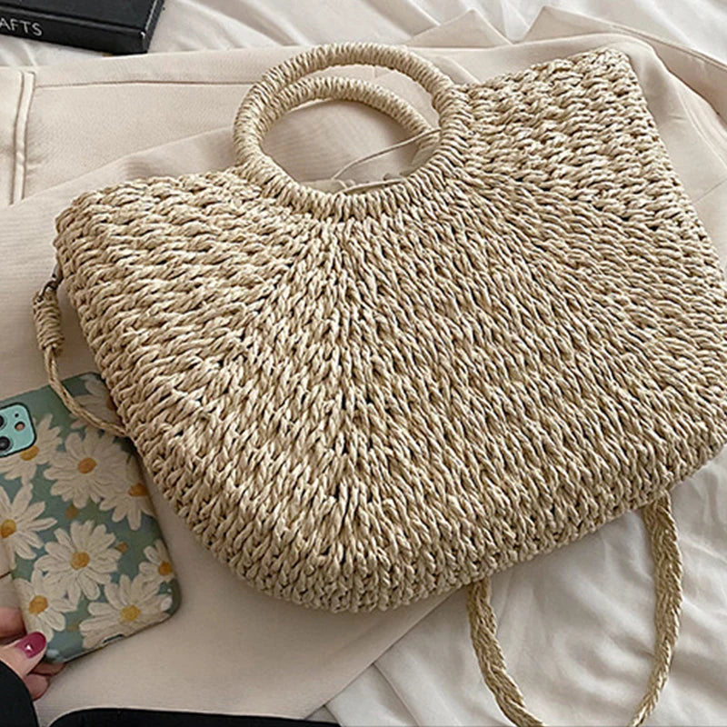 Handwoven Straw Beach Tote Bag