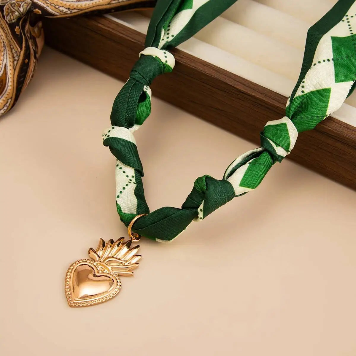Green Heart Ribbon Necklace