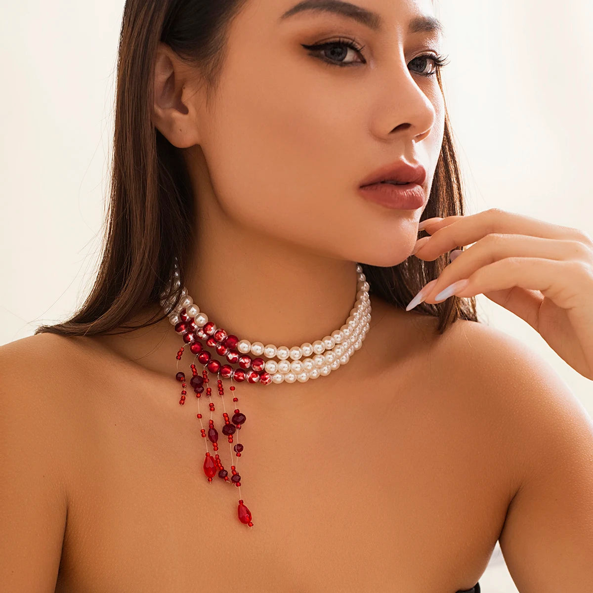 Gothic Red Crystal Tassel Necklace