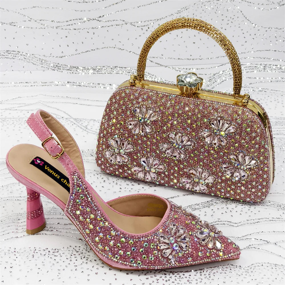 Gold Pointed Toe Rhinestone Heels & Bag Set, Sparkly
