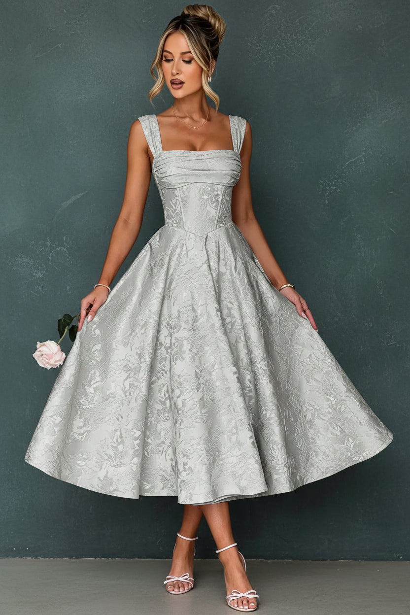 Cap Sleeve Jacquard Prom Dresses for Teens Floral Satin