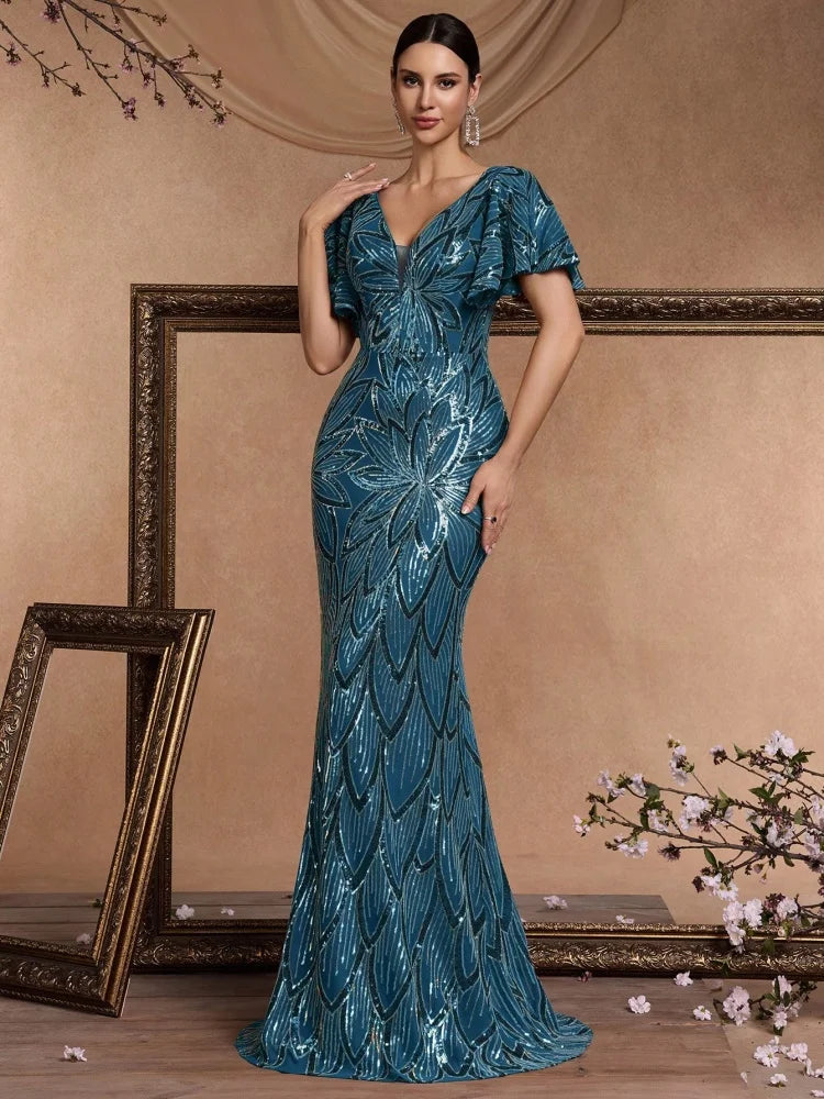 Backless Sequin Maxi Evening Dress
