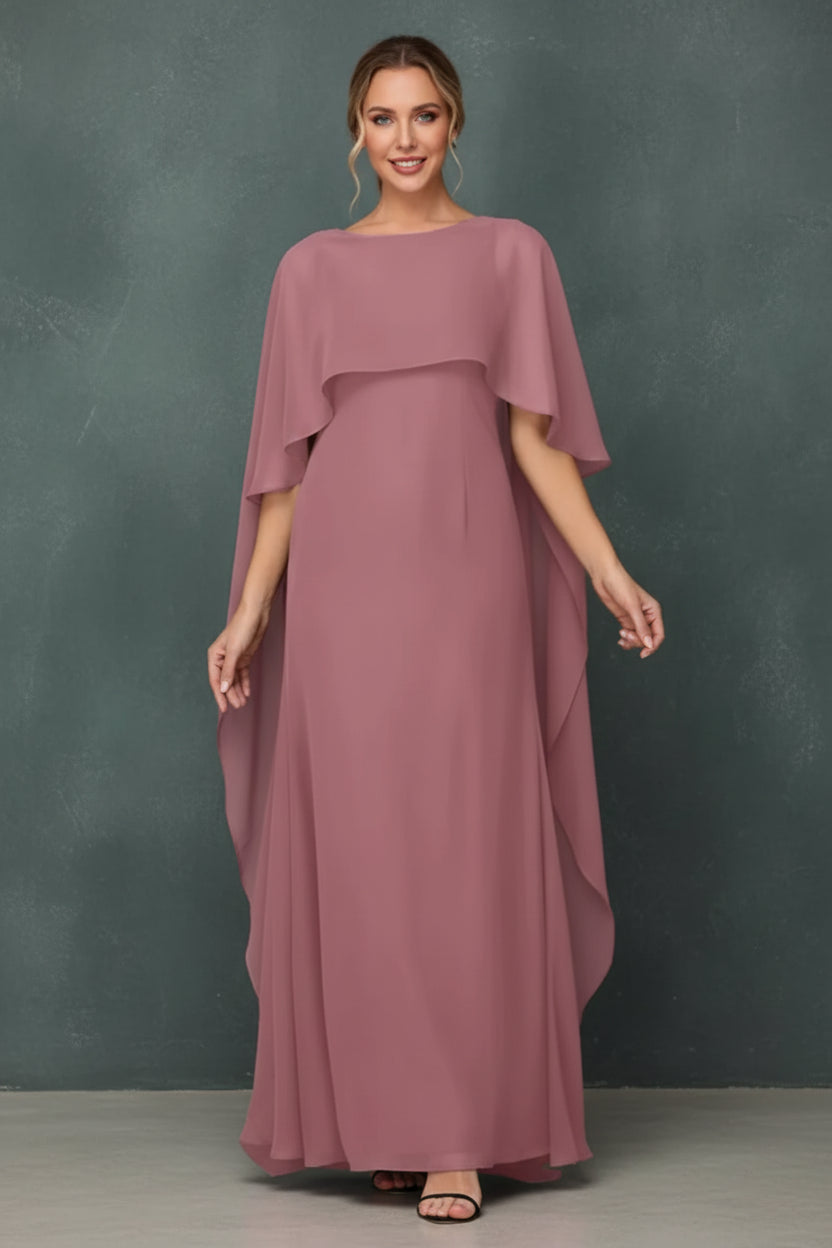Women's Formal Dress Short Sleeves Scoop Neck Evening Dress Floor Length Chiffon Mother Of The Bride Dresses With Cap