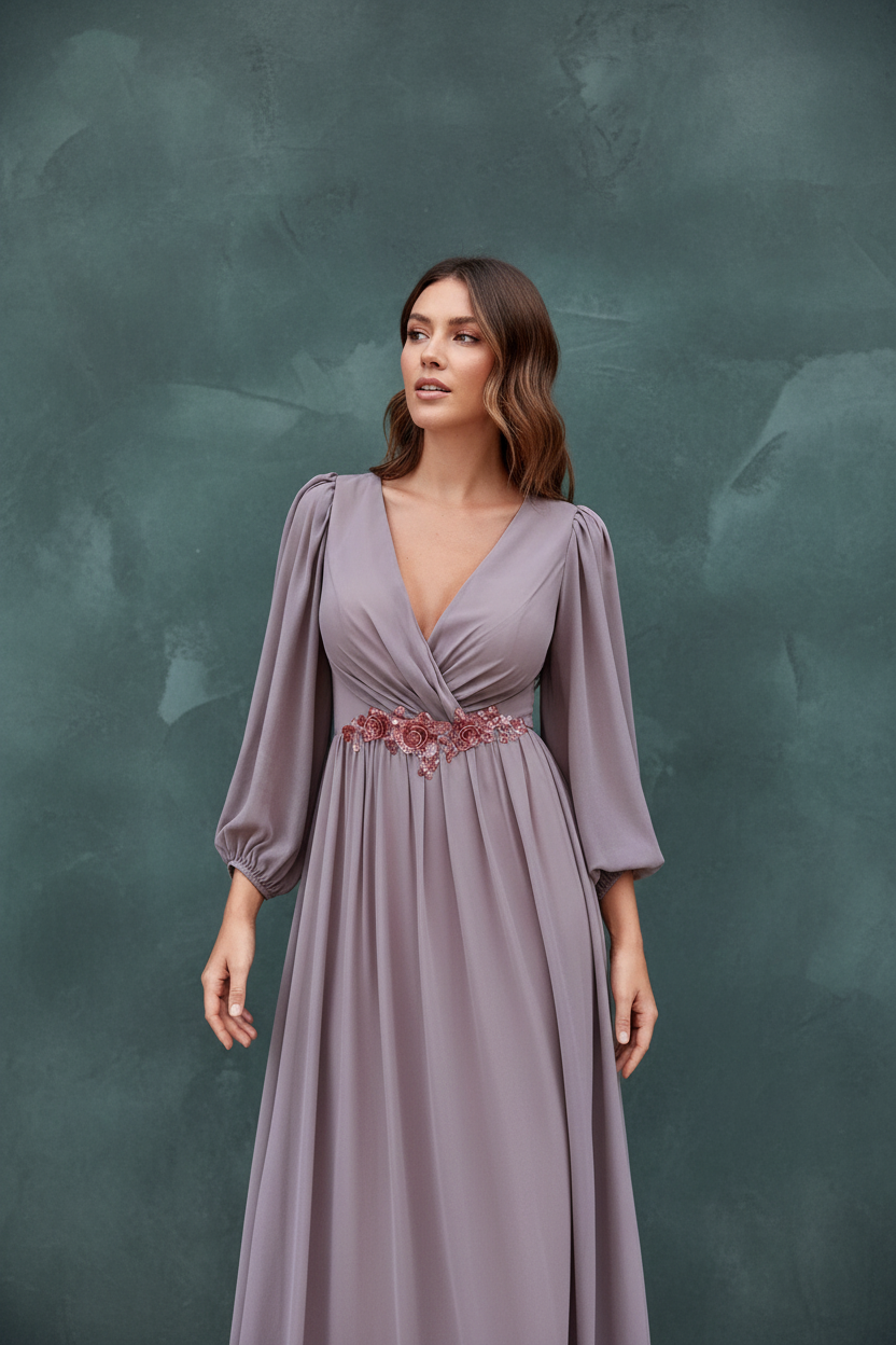 V-neck Long Sleeve Beaded Print Extra Long Chiffon Dress
