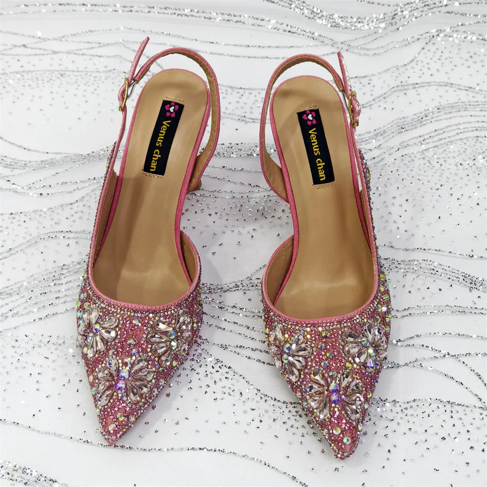 Gold Pointed Toe Rhinestone Heels & Bag Set, Sparkly