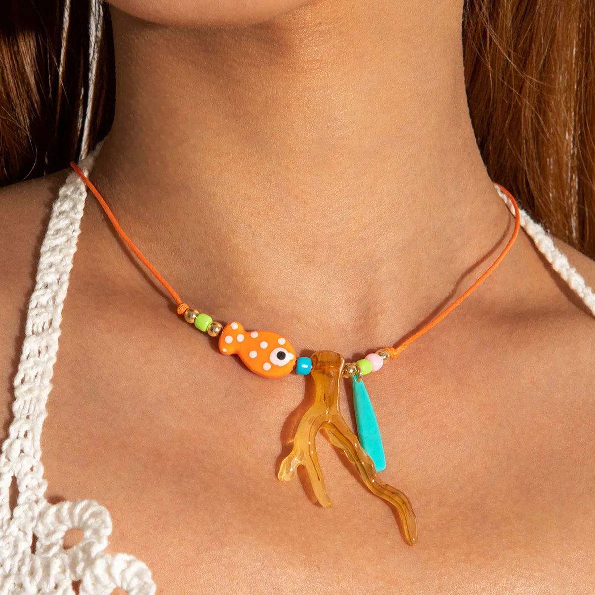 New Ocean Fish Coral Pendant Necklace Boho Colorful Handmade Braided Rope Adjustable Women Vacation Party Jewelry