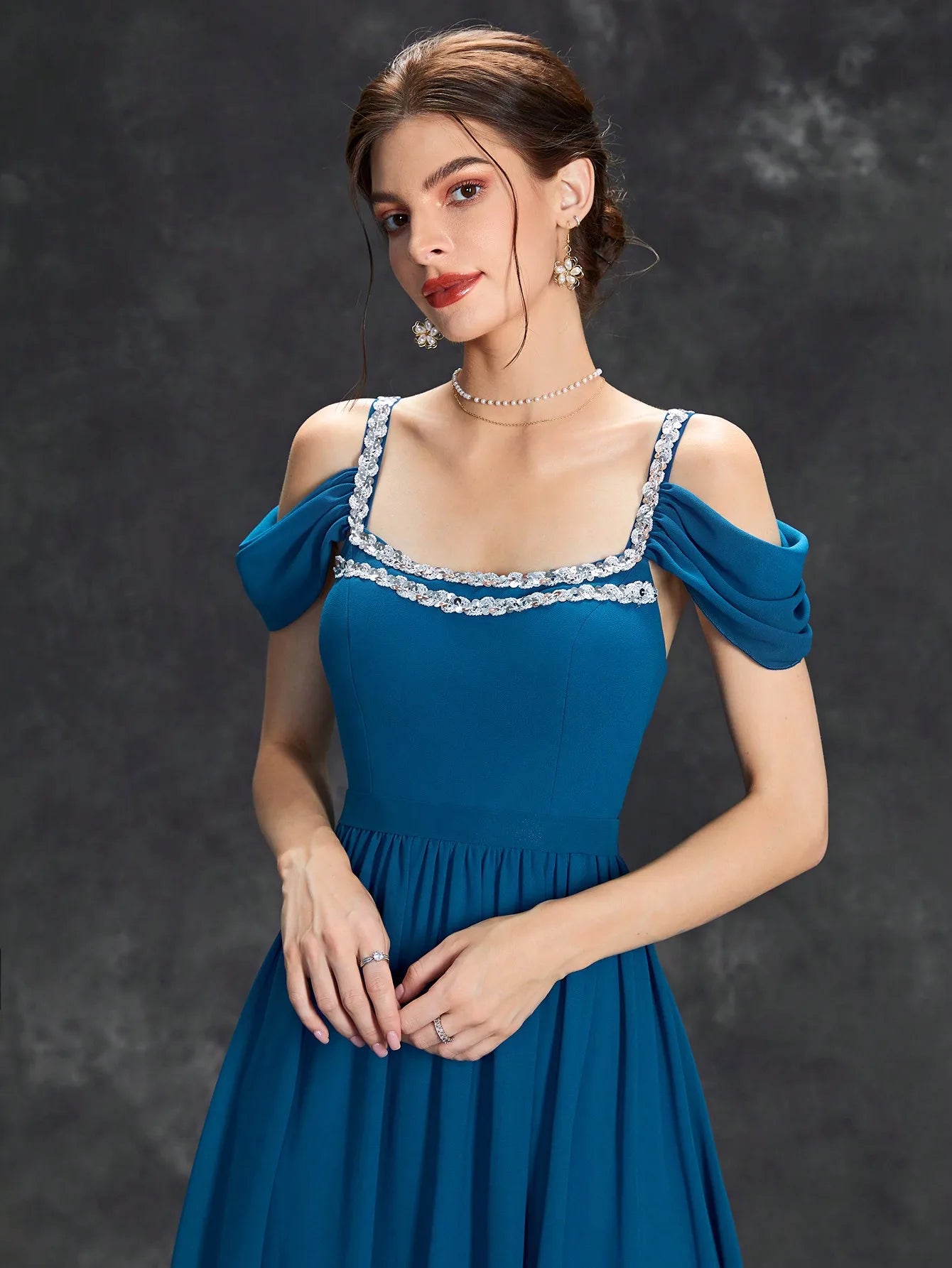 Halter Sequin Pleated Evening Dress