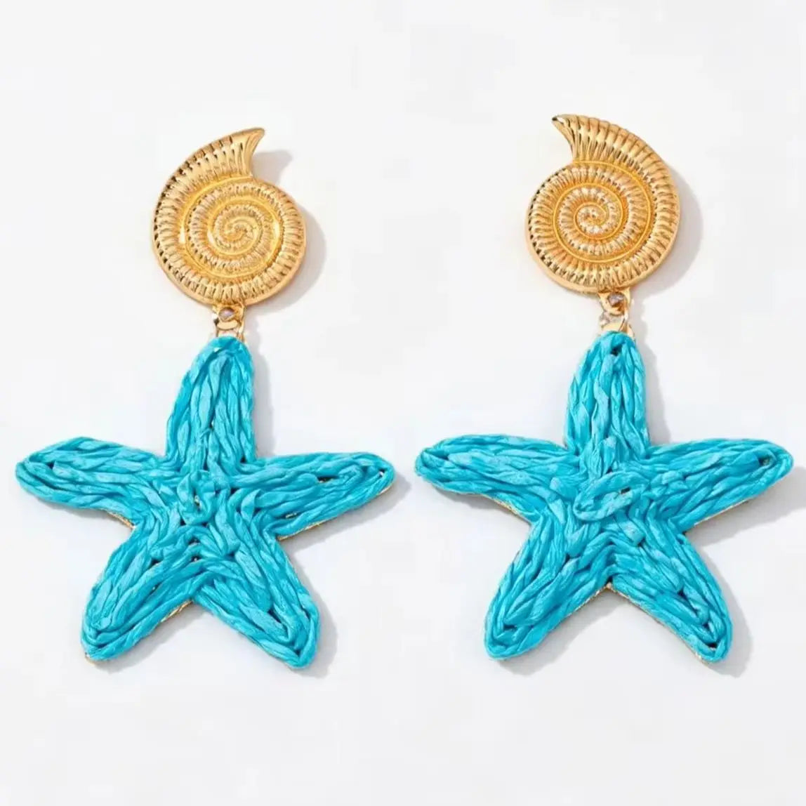 Golden Spiral Conch Blue Raffia Woven Starfish Dangle Earrings for Women Bohemian Summer Beach Seaside Vacation Ocean Style Exaggerated Earrings
