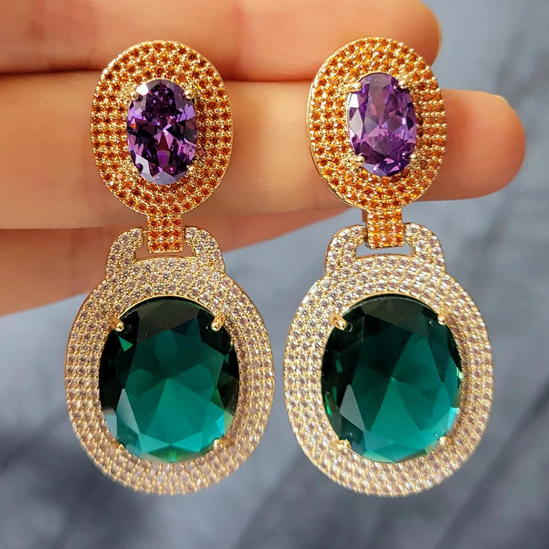 Colorful Purple Green Dangle Earrings for Women Luxury Jewelry Wedding Evening Party Big Drop Earrings Elegant Female Gift
