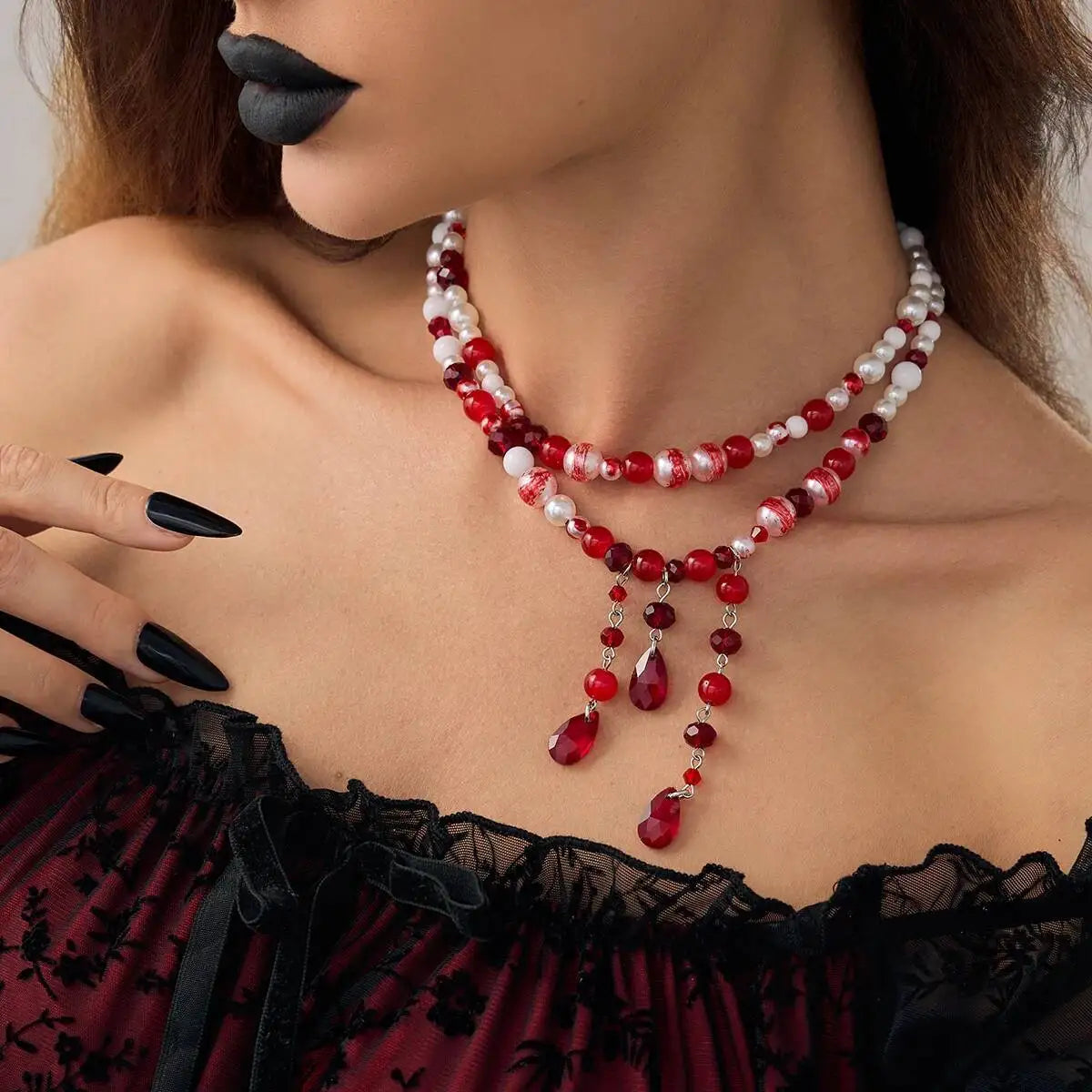 Gothic Red Crystal Tassel Necklace
