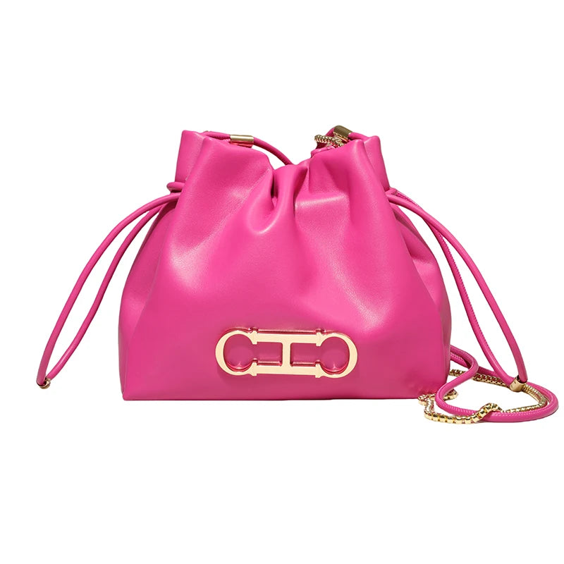Drawstring Bucket Bag Crossbody Bag with Gold Chain PU