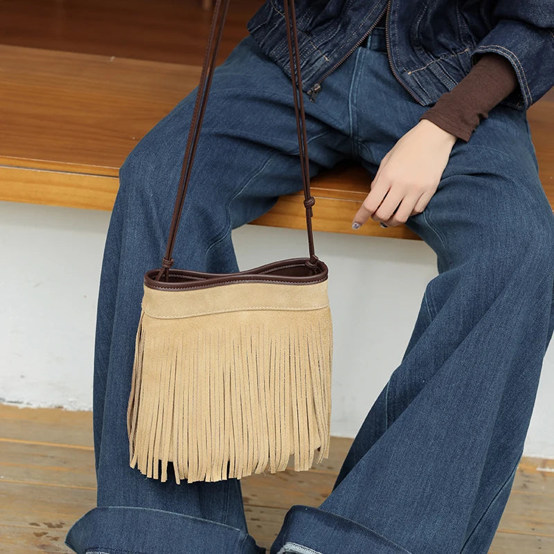 Suede Fringe Bucket Bag