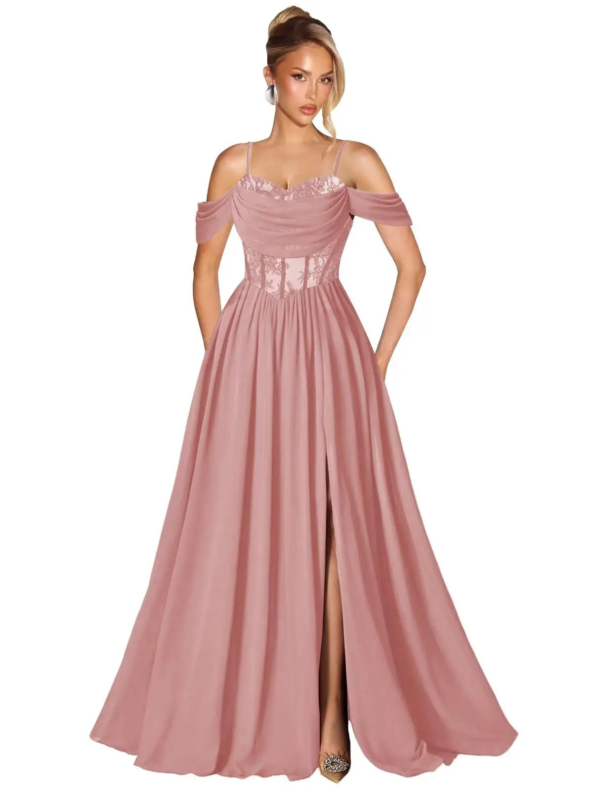 Off Shoulder Lace Applique Prom Dress
