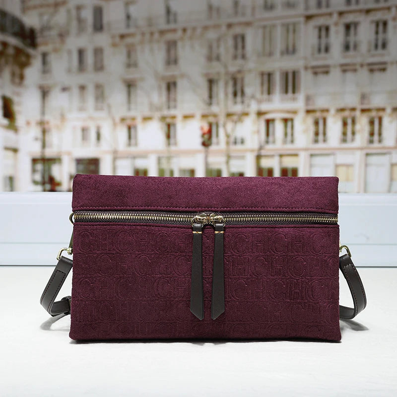 Suede Shoulder Bag Embossed Crossbody Clutch Luxury Designer Handbag