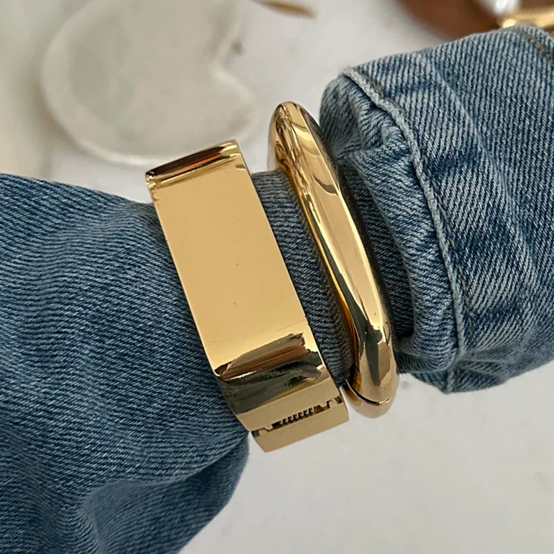 Simple Geometric Smooth Metal Cuff Bangles Trending Punk Gold Color Spring Bracelets