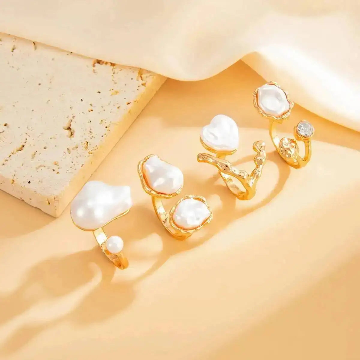 Baroque Imitation Pearl Open Rings Set Elegant Irregular Gold