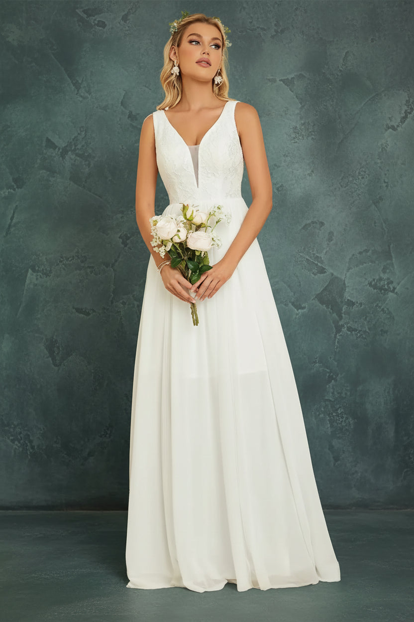 V-Neck Lace Chiffon Wedding Dress
