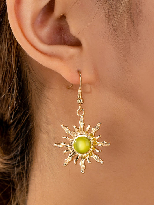Bohemian Radiant Sun Hook Earrings, Wavy Edge Gold Sun