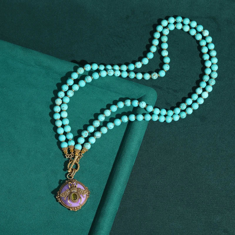 Vintage Green Natural Stone Double-layer Bead Purple Bee Pendant Necklaces for Women Antique Jewelry Party Accessories New 2025