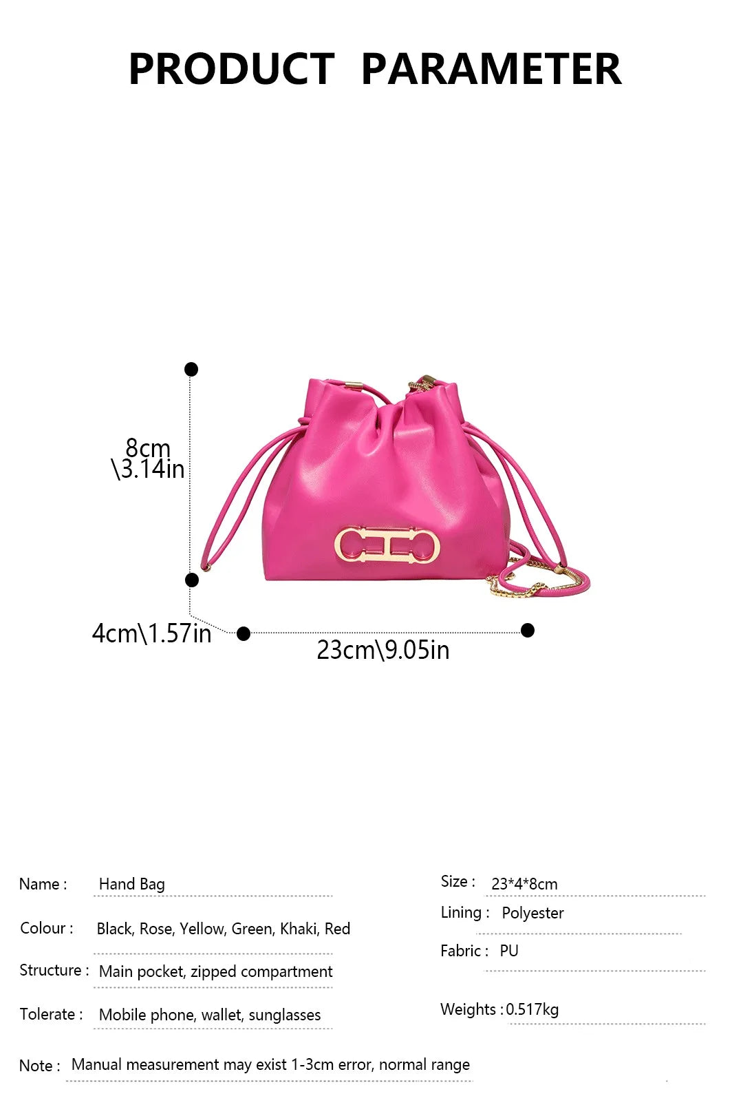 Drawstring Bucket Bag Crossbody Bag with Gold Chain PU