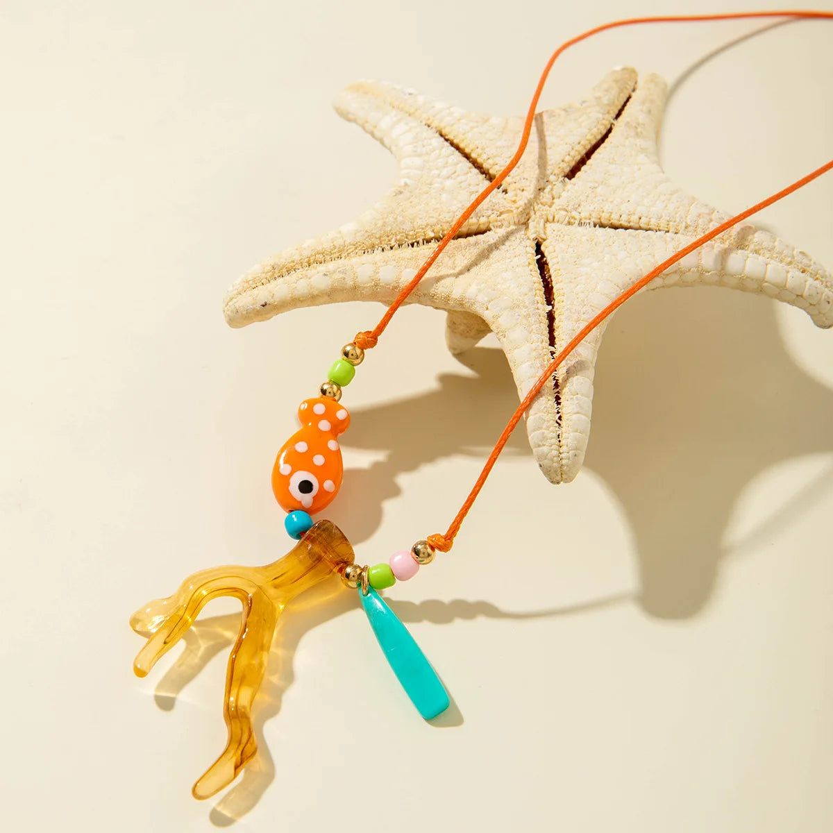 New Ocean Fish Coral Pendant Necklace Boho Colorful Handmade Braided Rope Adjustable Women Vacation Party Jewelry