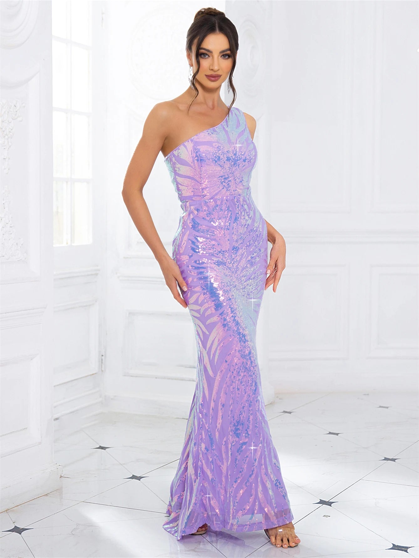 One Shoulder Sequin Maxi Evening Dress