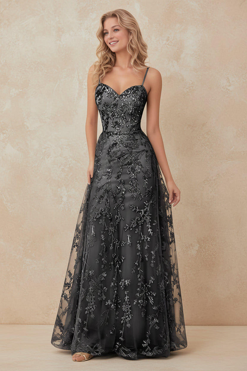 Tulle Formal Dress Laces Spaghetti Strap Sparkly Prom Dress